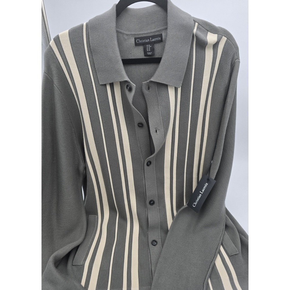 Christian Lacroix Striped Button-Front Knit Cardigan in Olive & Cream Small S